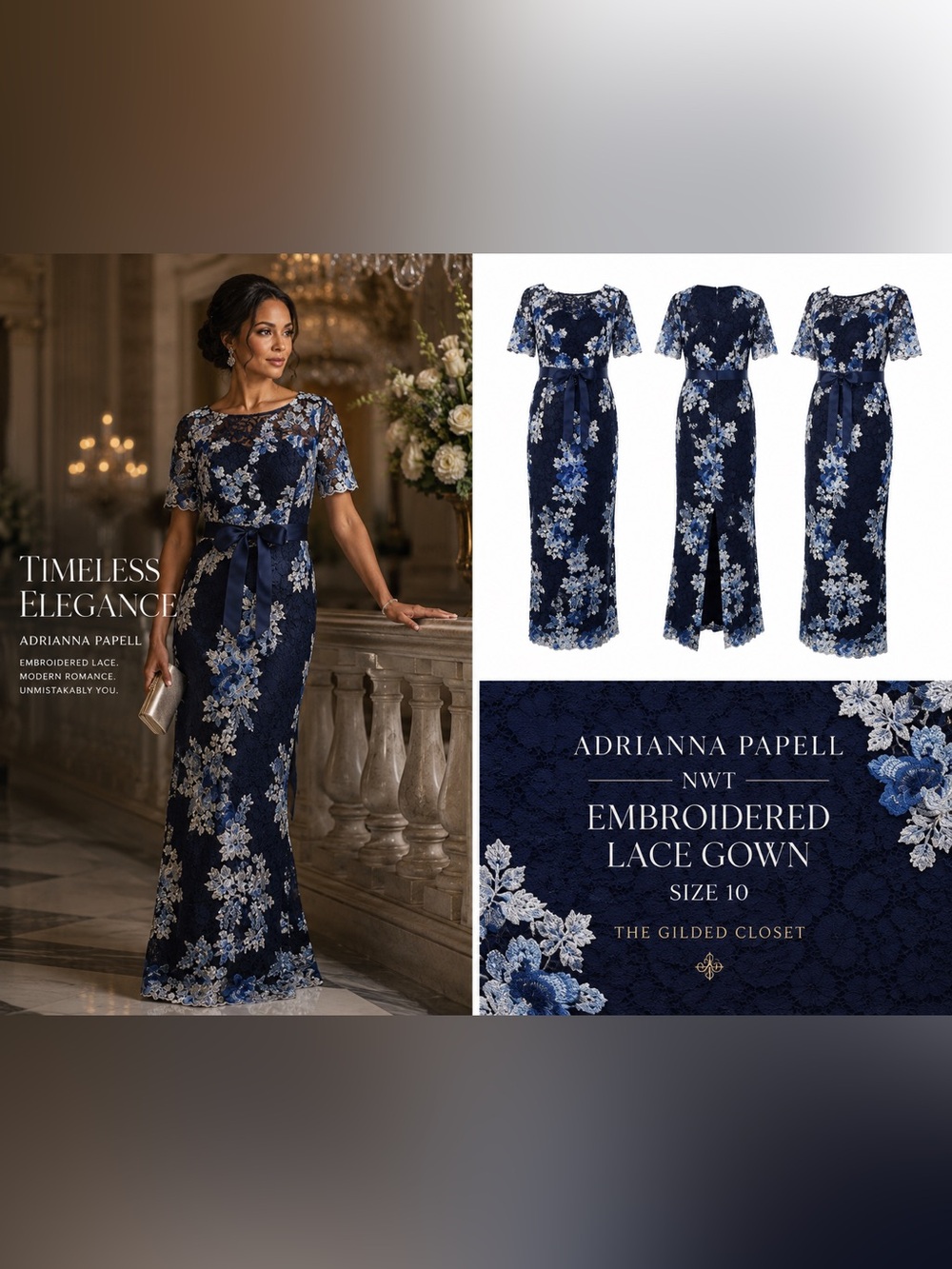 NWT Adrianna Papell Navy Floral Embroidered Lace Evening Gown Size 10